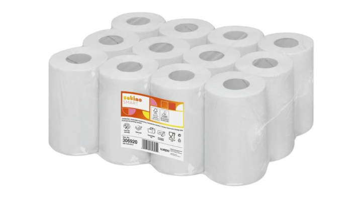 Satino Smart | Mini Poetsrol | 120 Meter | 1-Laags | Recycled | CF1 | Wit | 306920 (12 stuks)