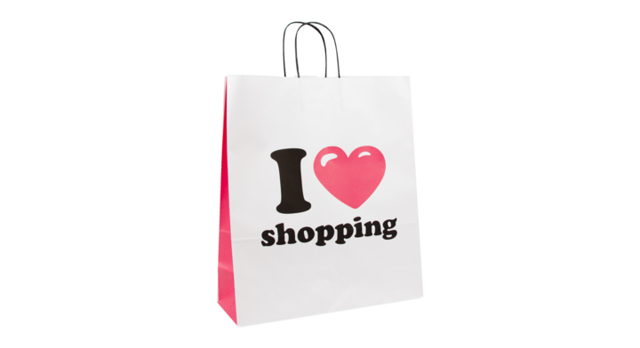 Draagtas, papier, gedraaid, 35+14x41cm, I love shopping(250)