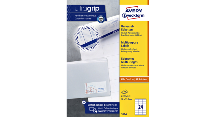 Etiket avery zweck 3664 70x33.8mm 2400st