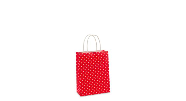 Tas papier, gedraaid koord, 14+7x19cm, rood-wit stip (250st)