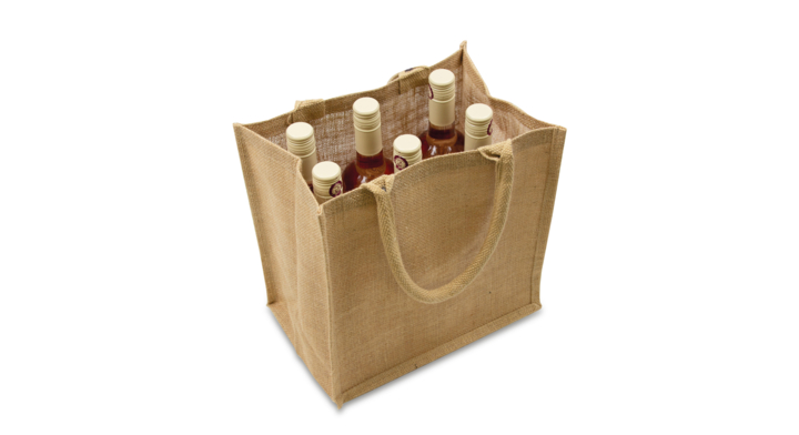 Draagtas, jute, 30+20x30cm, naturel, voor 6 fles (80 stuks)