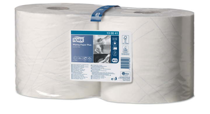 Tork Wiping Plus | Industrierol Poetspapier | 255 Meter | 2-Laags | W1/W2 | Wit | 130041 (2 stuks)