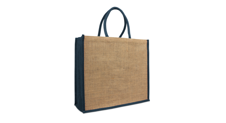 Tas, jute, 45+17x40cm, lussen en zijvouw blauw (50 stuks)