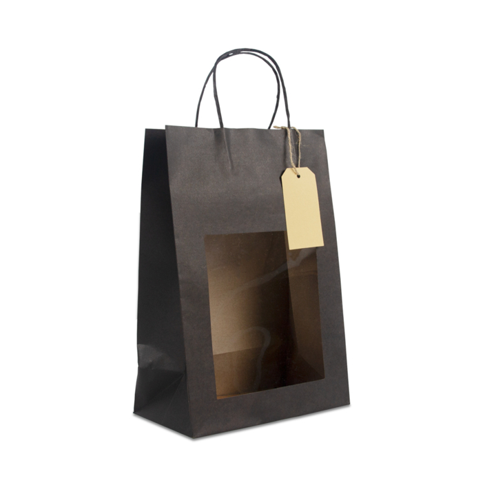 Cadeau-tas,  22+12x32cm, venster en label, zwart (100stuks ) - 0