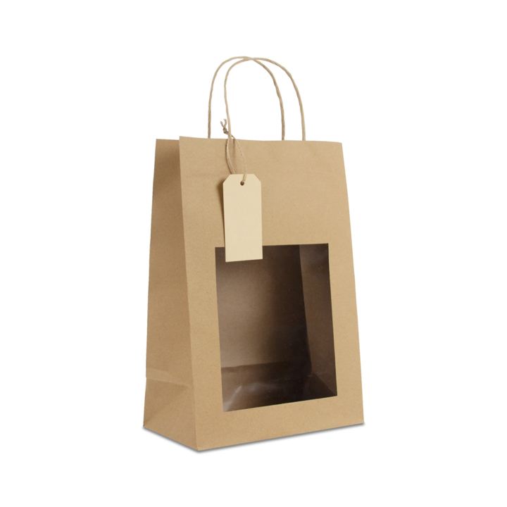 Cadeau-tas,  22+12x32cm, venster en label, bruin (100stuks ) - 0