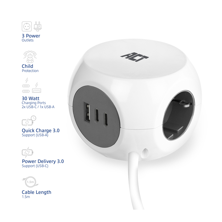 Stekkerblok act 3vdig incl 2x usb c/a wt/gs(8716065556025) - 1