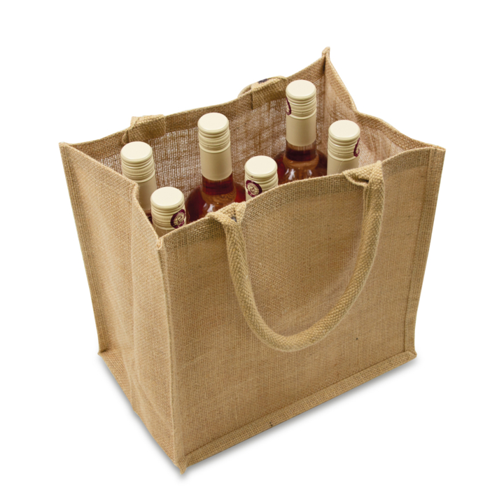 Draagtas, jute, 30+20x30cm, naturel, voor 6 fles (80 stuks) - 0