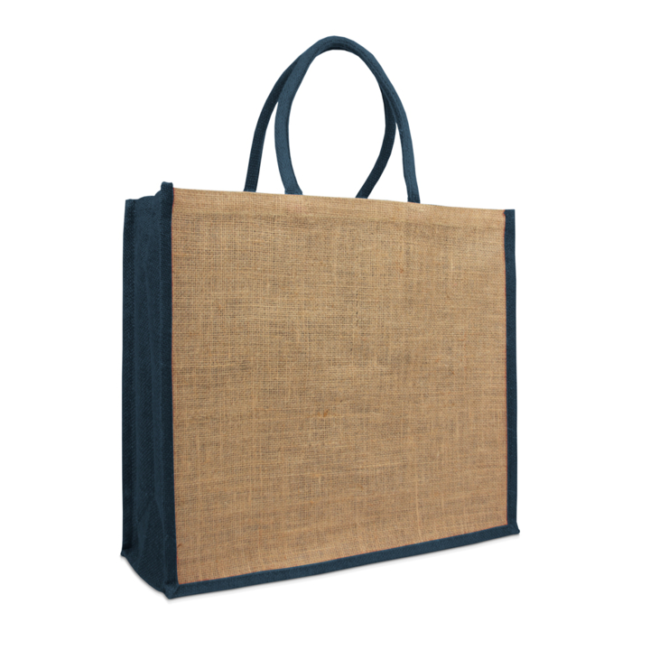 Tas, jute, 45+17x40cm, lussen en zijvouw blauw (50 stuks) - 0