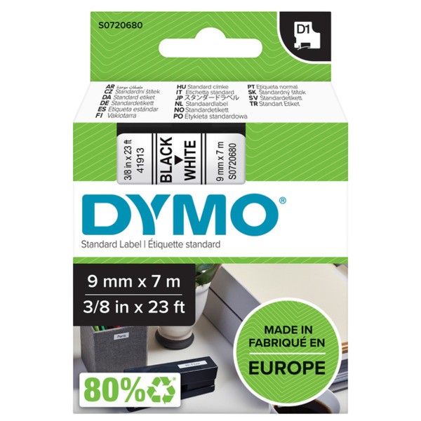 Lettertape dymo 40913 1000/5000 9mmx7m wit/zwart