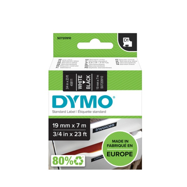 Lettertape dymo 45811 d1 19mmx7m poly zwart/wit