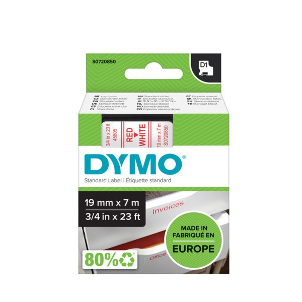 Lettertape dymo 45805 d1 19mmx7m poly rood/wit