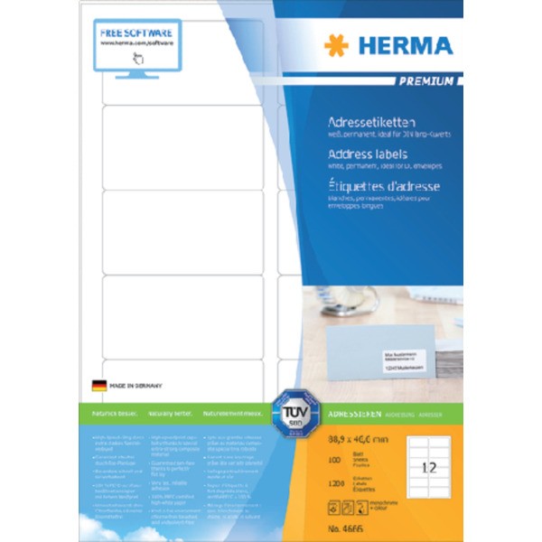 Etiket herma 4666 88.9x46.6mm premium a4 1200st(4666)